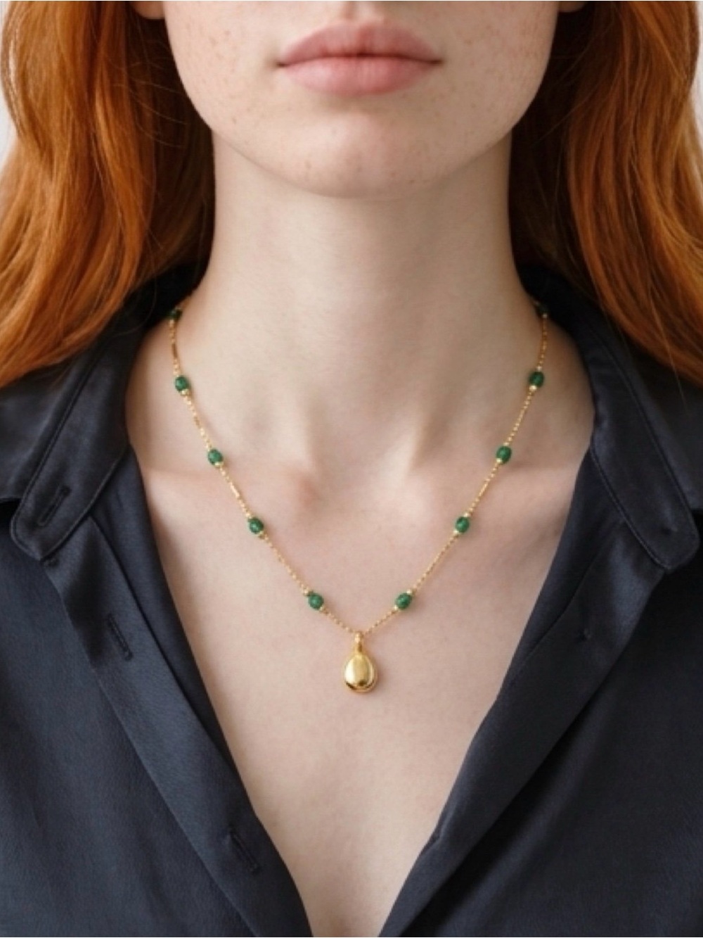 18k Gold plated Teardrop Pendant Necklace with Green Beads - Women Jewelry